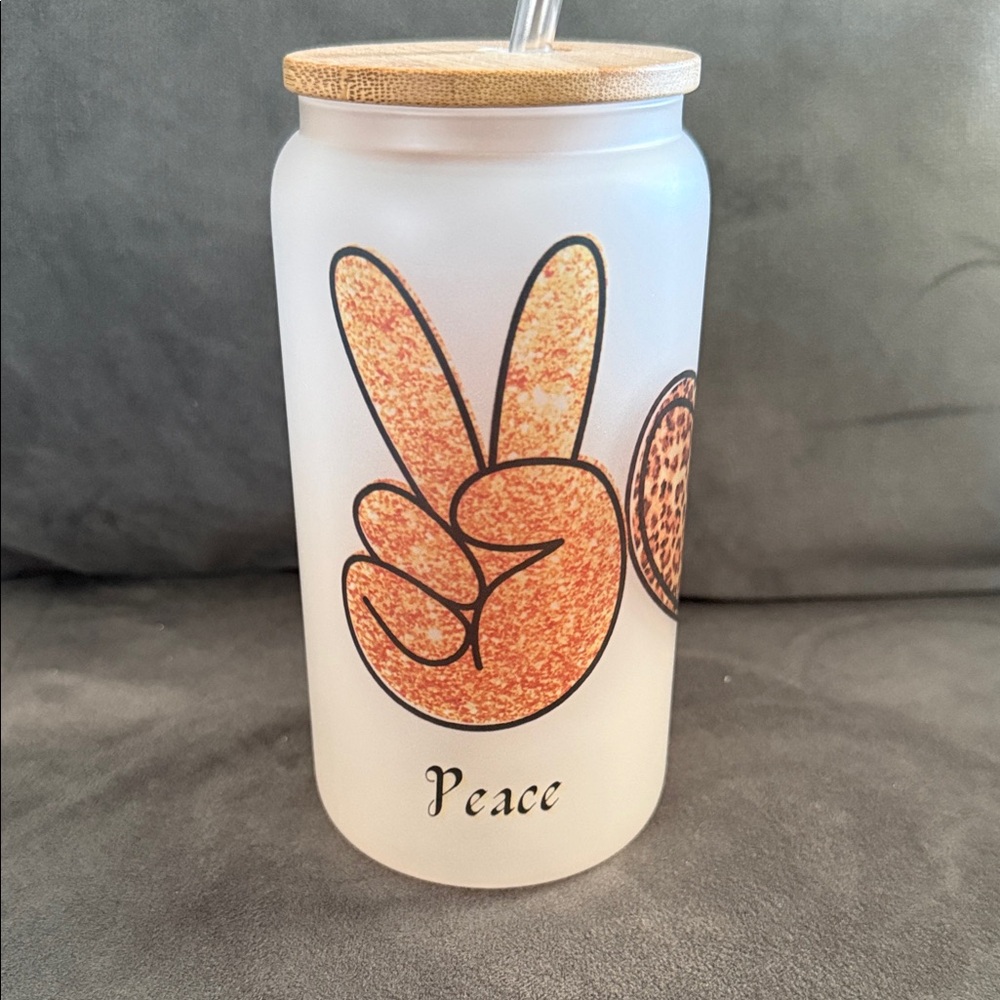 Frosted Glass Tumbler with Bamboo Lid - Peace Design